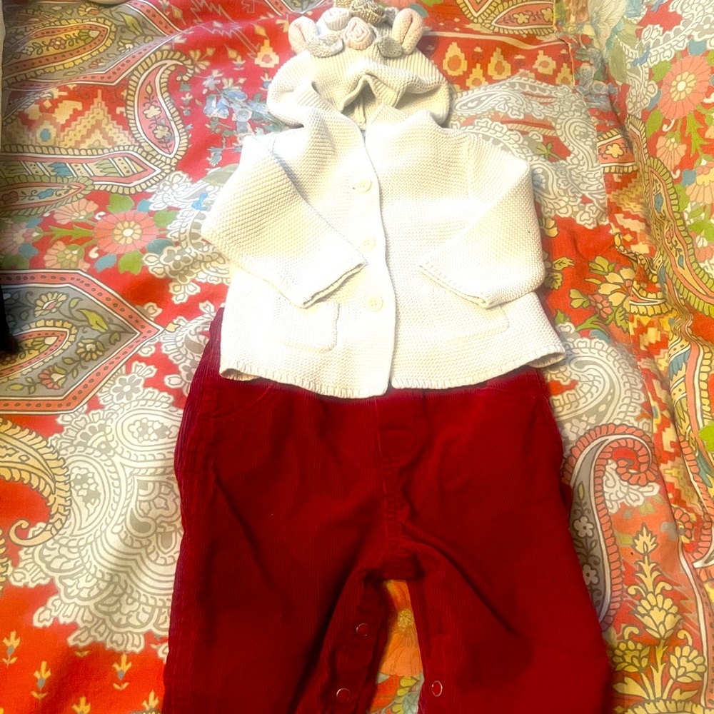 Hooded Cardigan Sweater Unicorn and Red overalls 6-12 month Gap Perfect Fall